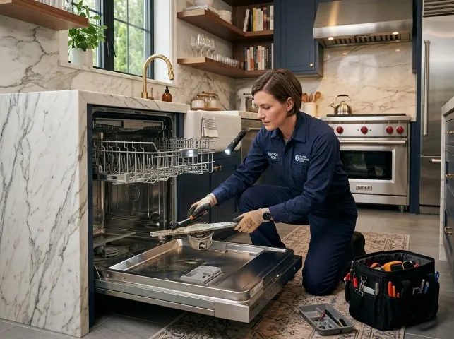Appliance Repair Hero technician servicing a built-in dishwasher in a Bow, NH kitchen