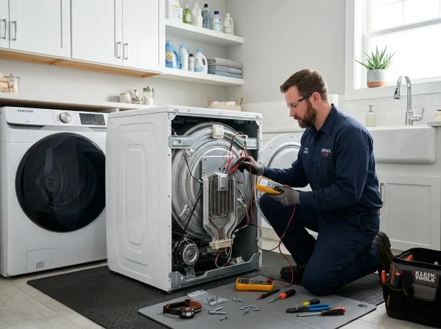 Appliance Repair Hero technician checking a dryer heating element with the rear panel off in Bow, NH