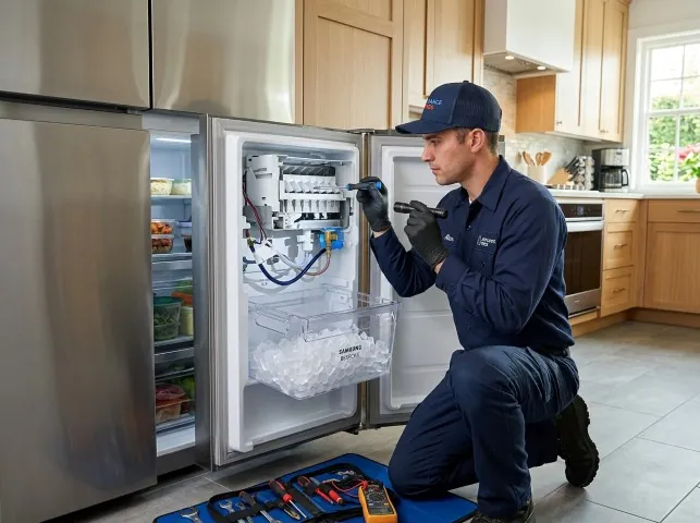 Appliance Repair Hero technician repairing a refrigerator ice maker in Bow, NH