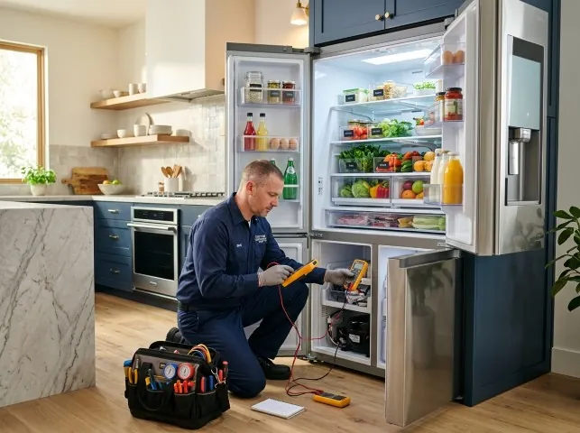 Appliance Repair Hero refrigerator technician testing a fridge on a Bow, NH service call