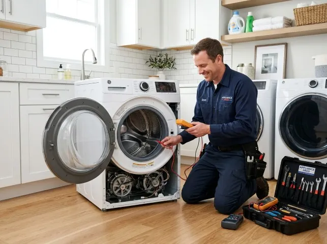 Appliance Repair Hero technician testing a front-load washer with a multimeter on a Bow, NH service call